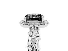 Fancy Black Cushion Cut Diamond Halo Ring Set in White gold with Filigree Leaf Band and Prong Setting