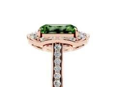 Fancy Green Emerald Cut Diamond Halo Ring Set in Rose gold with Pavé-Lined Shoulders and Prong Setting