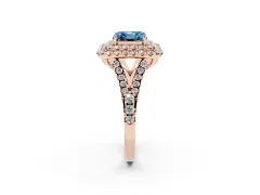 Fancy Blue Asscher Cut Diamond Double Halo Ring Set in Rose gold with Pavé Split Shank and Prong Setting