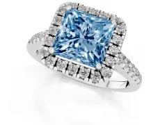 Fancy Blue Princess Cut Diamond Halo Pavé Engagement Ring Set in White gold with Prong Setting