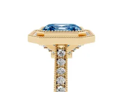 Fancy Blue Asscher Cut Diamond Halo Milgrain Pavé Band Ring Set in Yellow gold with Prong Setting