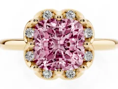 Fancy Pink Cushion Cut Diamond Round Cluster Halo Ring Set in Yellow gold with Solitaire Band and Prong Setting