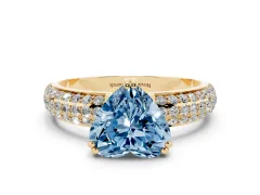 Fancy Blue Heart Cut Diamond Solitaire Ring Set in Yellow gold with Multi-Row Round Pavé Band and Prong Setting
