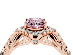 Fancy Pink Oval Cut Diamond Solitaire Ring Set in Rose gold with Hidden Halo and Pavé Band