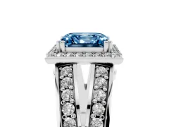Fancy Blue Asscher Cut Diamond Halo Ring Set in White gold with Double Pavé Split Shank