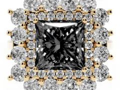 Fancy Black Princess Cut Diamond Floral Double Halo Ring Set in Yellow gold with Round Petals
