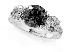 Fancy Black Round Cut Diamond Three-Stone Engagement Ring Set in White gold with Milgrain Pavé Band