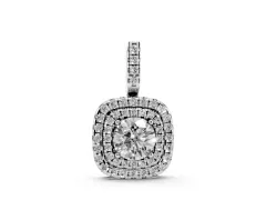 Round Diamond Double Halo Pendant Set in Silver with Pavé Rings and Prong-Set Center