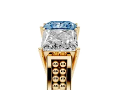 Fancy Blue Princess Cut Diamond Three-Stone Ring Set in Yellow gold with Textured Band