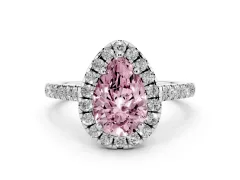 Fancy Pink Pear Cut Diamond Pavé Halo Engagement Ring Set in Platinum with Pavé Band and Prong Setting