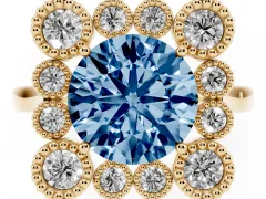 Fancy Blue Round Cut Diamond Cluster Halo Ring Set in Yellow gold with Milgrain Bezel Accents and Plain Band