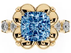 Fancy Blue Cushion Cut Diamond Floral Halo Ring Set in Yellow gold with Shared Prong Band