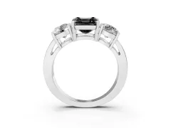 Fancy Black Asscher Cut Diamond Three-Stone Ring Set in White gold with Round Side Stones and Classic Band