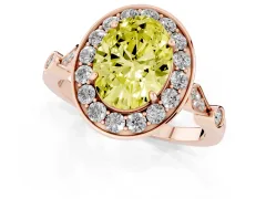 Fancy Yellow Oval Cut Diamond Halo Engagement Ring Set in Rose gold with Twisted Band and Prong Setting