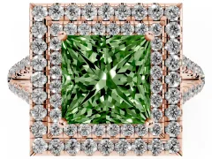 Fancy Green Princess Cut Diamond Double Halo Ring Set in Rose gold with Pavé Band