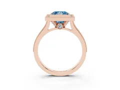 Fancy Blue Princess Cut Diamond Halo Milgrain Pavé Band Ring Set in Rose gold with Prong Setting