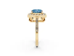 Fancy Blue Radiant Cut Diamond Halo Ring Set in Yellow gold with Accent-Lined Split Shank and Prong Setting