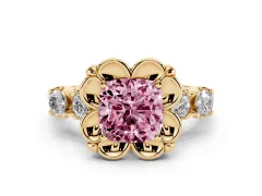 Fancy Pink Cushion Cut Diamond Floral Halo Ring Set in Yellow gold with Shared Prong Band