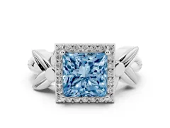 Fancy Blue Princess Cut Diamond Halo Floral Band Ring Set in Silver with Prong Setting