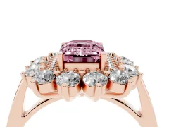 Fancy Pink Emerald Cut Diamond Floral Double Halo Ring Set in Rose gold with Round Petals
