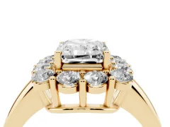 Radiant Cut Diamond Halo Cluster Engagement Ring Set in Yellow gold with Polished Band and Prong Setting