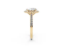 Oval Cut Diamond Pavé Halo Engagement Ring Set in Yellow gold with Pavé Band and Prong Setting