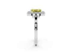 Fancy Yellow Emerald Cut Diamond Cluster Halo Ring Set in White gold with Milgrain Bezel Accents and Plain Band