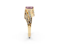 Fancy Pink Emerald Cut Diamond Solitaire Ring Set in Yellow gold with Layered Twist Pavé Band