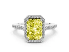 Fancy Yellow Radiant Cut Diamond Halo Engagement Ring Set in Platinum with Round Pavé Shoulders and Heart Gallery