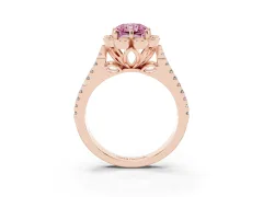 Fancy Pink Radiant Cut Diamond Floral Halo Split Shank Engagement Ring Set in Rose gold with Pavé Shank