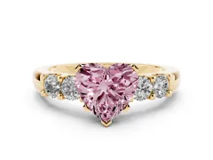 Fancy Pink Heart Cut Diamond Five-Stone Prong Set Engagement Ring Set in Yellow gold with Channel Band