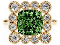 Fancy Green Cushion Cut Diamond Cluster Halo Ring Set in Yellow gold with Milgrain Bezel Accents and Plain Band