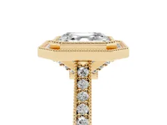 Asscher Cut Diamond Halo Milgrain Pavé Band Ring Set in Yellow gold with Prong Setting