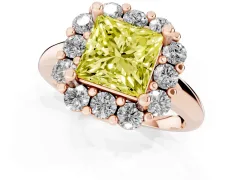 Fancy Yellow Princess Cut Diamond Halo Cluster Engagement Ring Set in Rose gold with Polished Band and Prong Setting