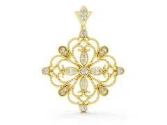 Vintage-Inspired Floral Diamond Pendant Set in Yellow gold with Pavé Scrollwork