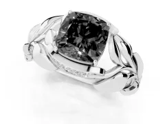 Fancy Black Cushion Cut Diamond Leaf-Inspired Engagement Ring Set in Silver with Round Accents