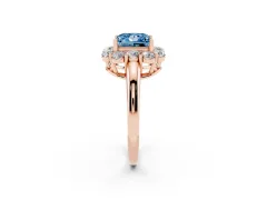 Fancy Blue Princess Cut Diamond Milgrain Halo Solitaire Ring Set in Rose gold with Bezel Set Side Stones and Pavé Band