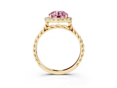 Fancy Pink Round Cut Diamond Halo Ring Set in Yellow gold with Plain Twisted Band