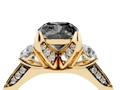 Fancy Black Cushion Cut Diamond Three-Stone Ring Set in Yellow gold with Pavé Band and Smaller Side Stones