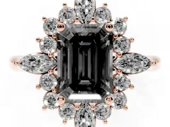 Fancy Black Emerald Cut Diamond Cluster Halo Ring Set in Rose gold with Marquise and Round Accents