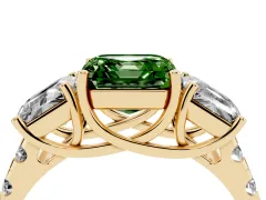 Fancy Green Asscher Cut Diamond Three-Stone Ring Set in Yellow gold with Pavé Band