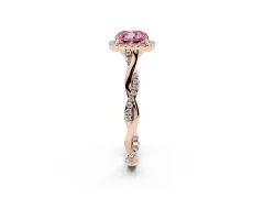 Fancy Pink Cushion Cut Diamond Halo Twist Band Solitaire Ring Set in Rose gold with Prong Setting