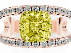 Fancy Yellow Cushion Cut Diamond Split Shank Pavé Solitaire Ring Set in Rose gold with Open Shank Design