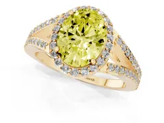 Fancy Yellow Oval Cut Diamond Halo Split Shank Pavé Ring Set in Yellow gold with Prong Setting