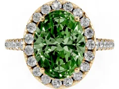 Fancy Green Oval Cut Diamond Pavé Halo Engagement Ring Set in Yellow gold with Pavé Band and Prong Setting