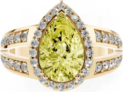 Fancy Yellow Pear Cut Diamond Halo Ring Set in Yellow gold with Double Pavé Split Shank