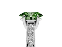 Fancy Green Oval Cut Diamond Solitaire Ring Set in Platinum with Milgrain-Edged Pavé Band and Prong Setting