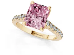 Fancy Pink Radiant Cut Diamond Solitaire Ring Set in Yellow gold with Brilliant Pavé Band and Prong Setting