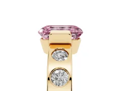 Fancy Pink Emerald Cut Diamond Channel-Set Band Ring Set in Yellow gold with Bezel Prong Setting