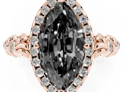 Fancy Black Marquise Cut Diamond Halo Ring Set in Rose gold with Filigree Leaf Band and Prong Setting
